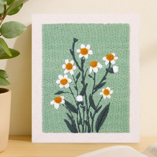 This artwork features delicate white daisies blooming against a soft green background, with warm yellow-orange centers and deep green leaves creating a fresh, natural, and lively look.