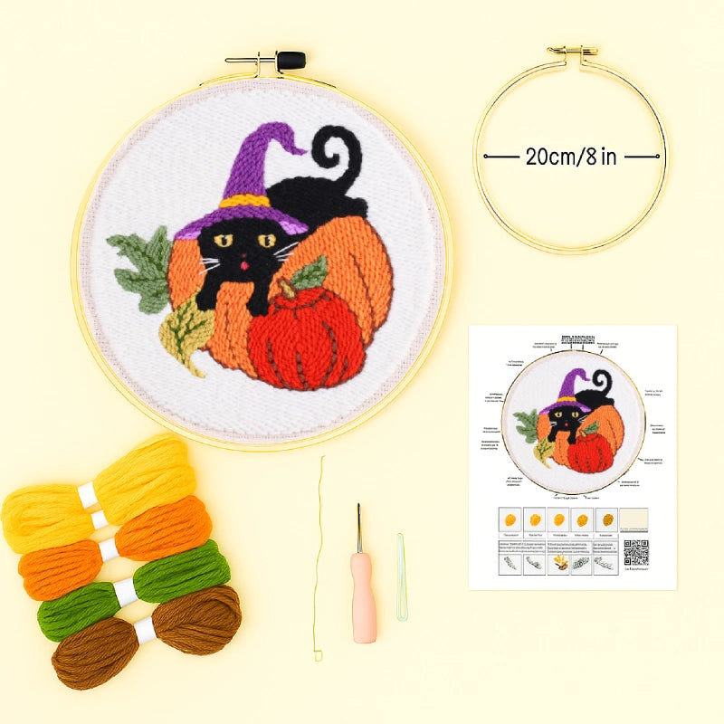 Illustrated stitch guide sheet with full step-by-step instructions
Complete thread bundle
A square of cotton fabric featuring the pattern
1 embroidery hoop(20 cm diameter)
Punch needle: A special needle with a hollow shaft and a tip that can accommodate embroidery floss or yarn.