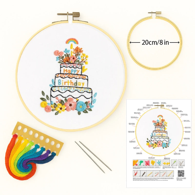 What's Included:

Illustrated stitch guide sheet with full step-by-step instructions
Complete thread bundle
A square of cotton fabric featuring the pattern
1 Plastic embroidery hoop(20 cm diameter)
2 Embroidery needles