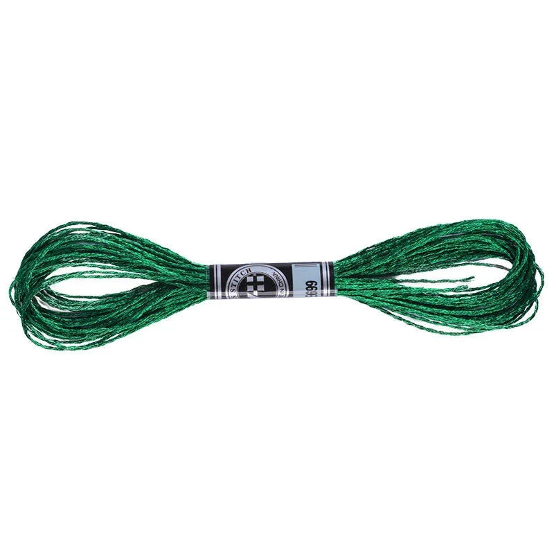 Emerald green metallic embroidery floss skein for sparkle thread crafting.