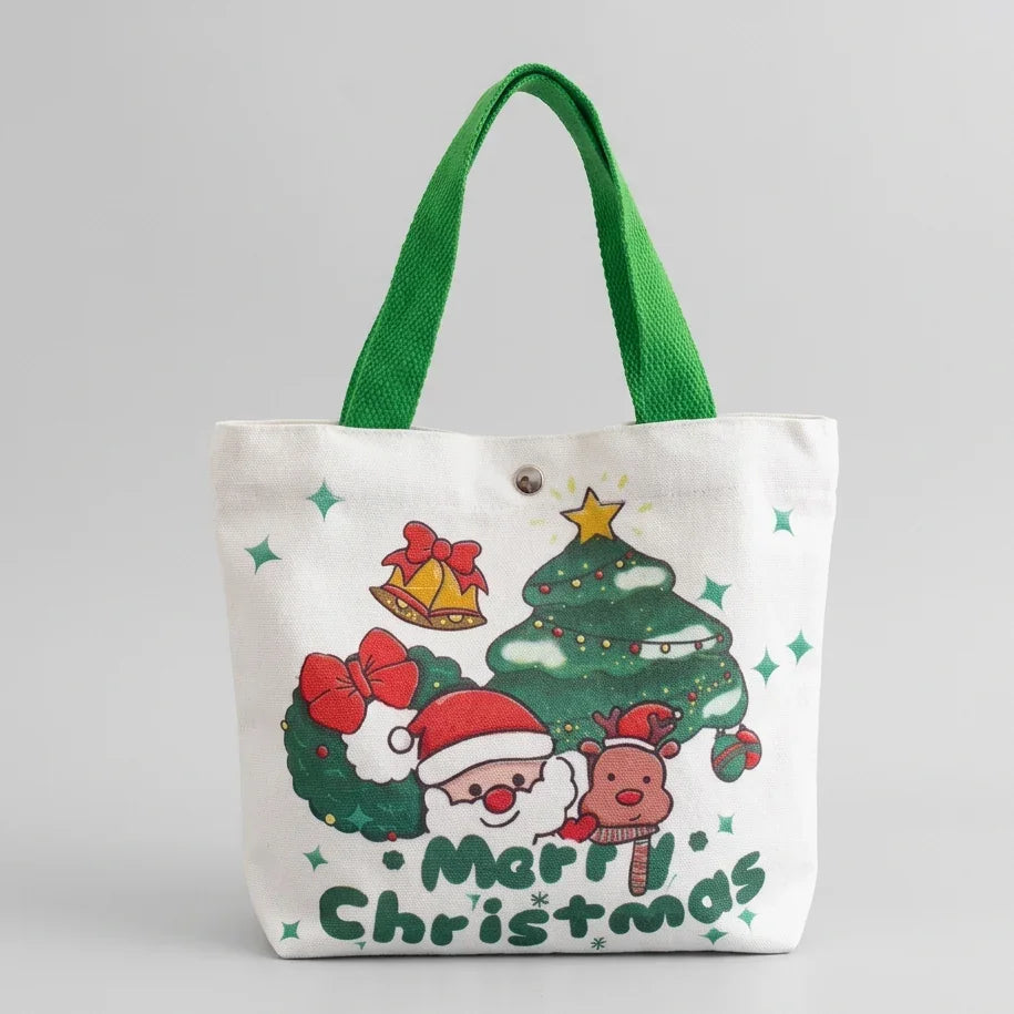 Christmas Canvas Gift Bag Storage Tote featuring Santa, reindeer, and a decorated tree.