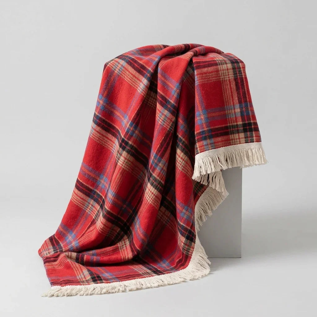 Red Christmas plaid round tablecloth with fringed edges by Calivra Craft