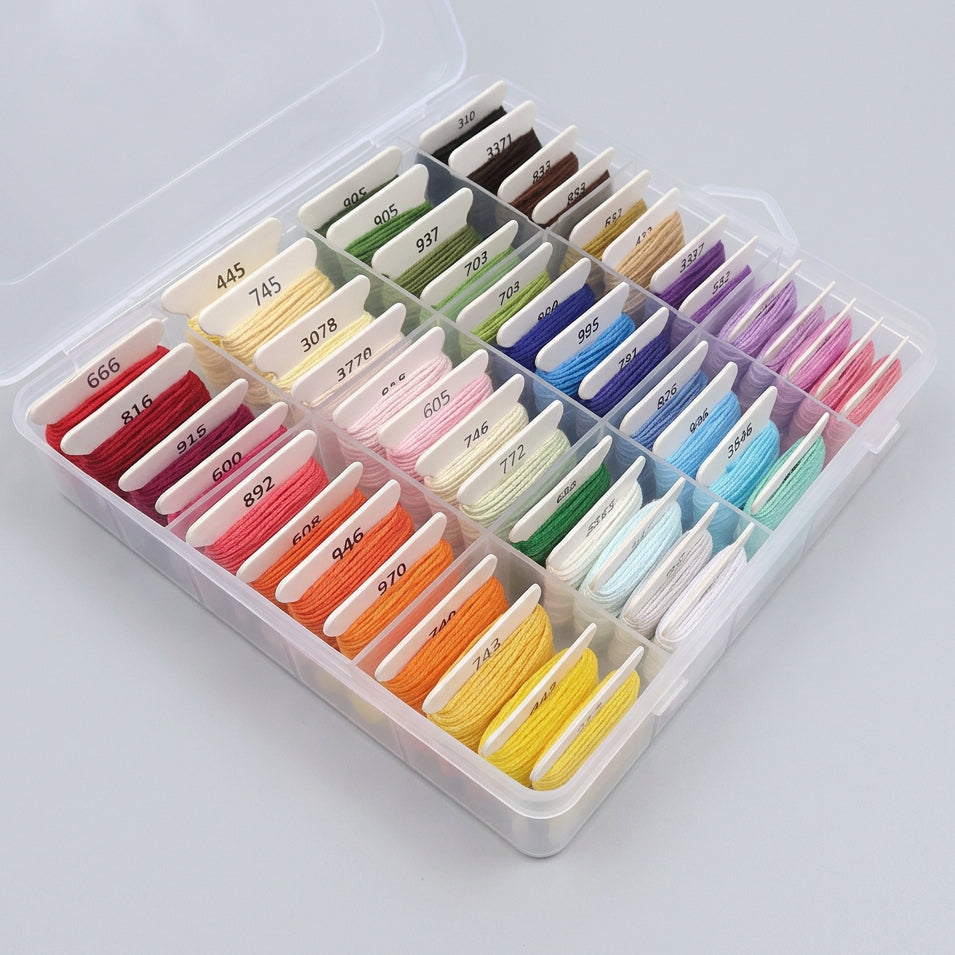 Calivra Craft multicolor cotton embroidery floss kit in a clear organizer box.