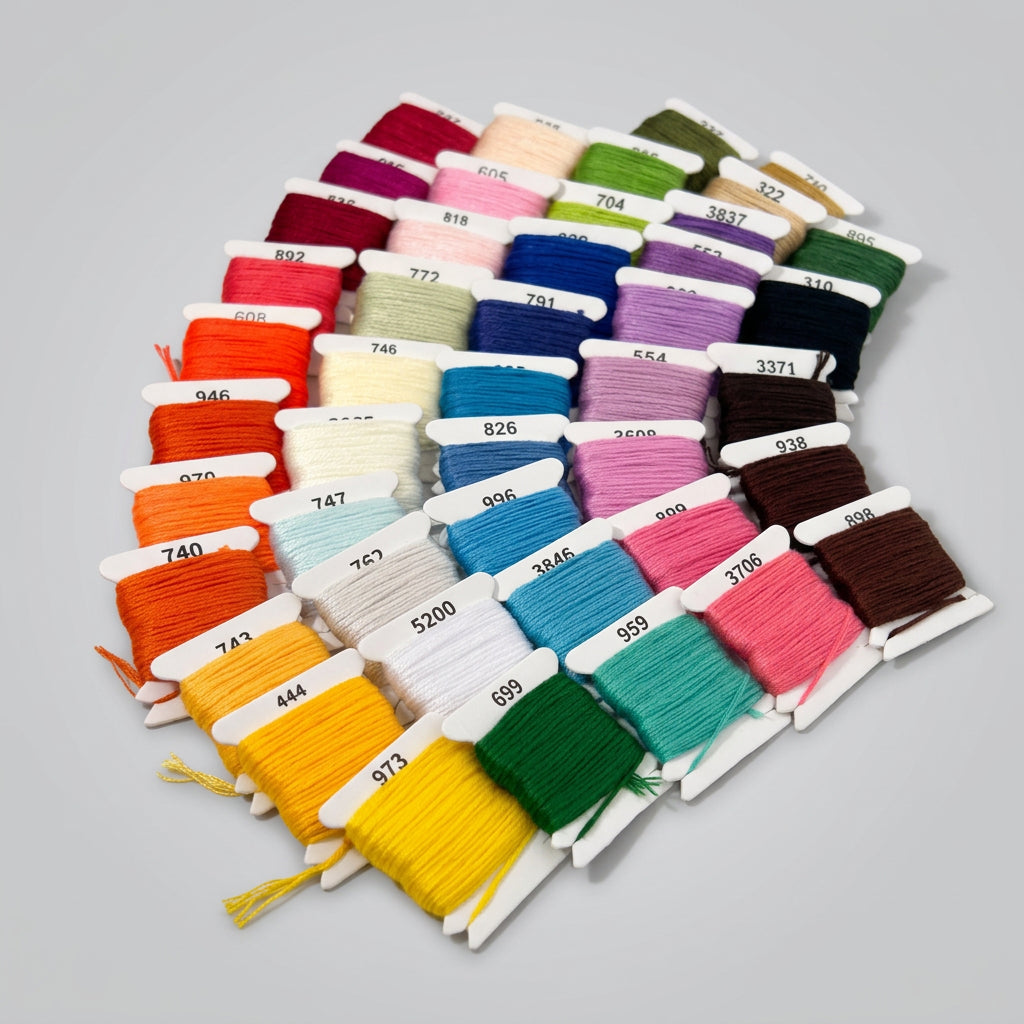 Assorted colorful cotton embroidery floss skeins with numbered labels for thread organization.