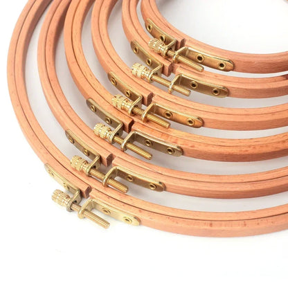 Set of premium beech wood embroidery hoops with brass screw fasteners by Calivra Craft.