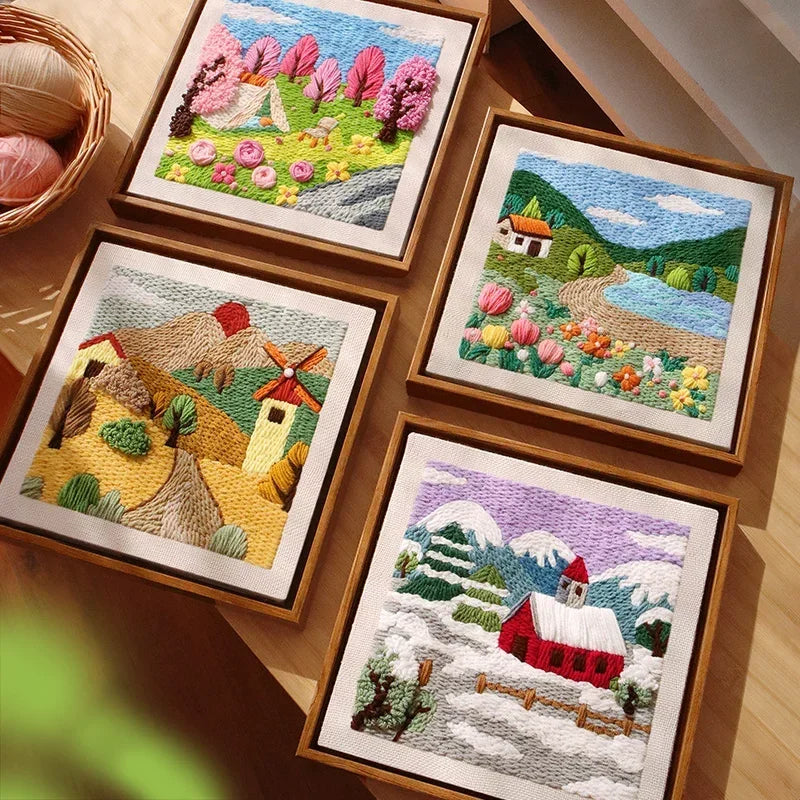 Four Seasons DIY punch needle embroidery painting kits by Calivra Craft in wooden frames.