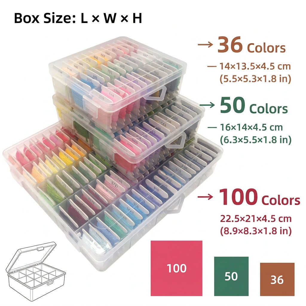Calivra Craft cotton embroidery floss sets in 36, 50, and 100 color organizer boxes.