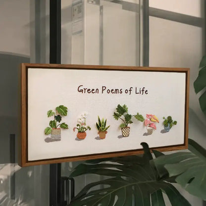 3D Green Plant Embroidery Kit featuring various potted plants and the text Green Poems of Life.