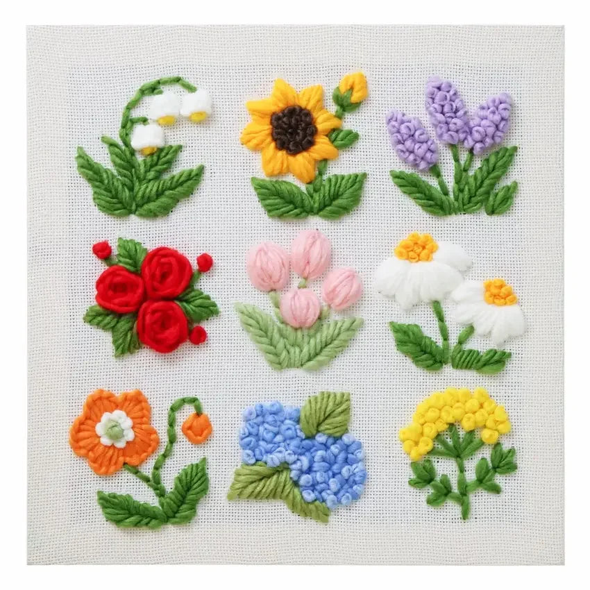 Assorted punch needle flower kits for beginners featuring colorful floral embroidery designs.
