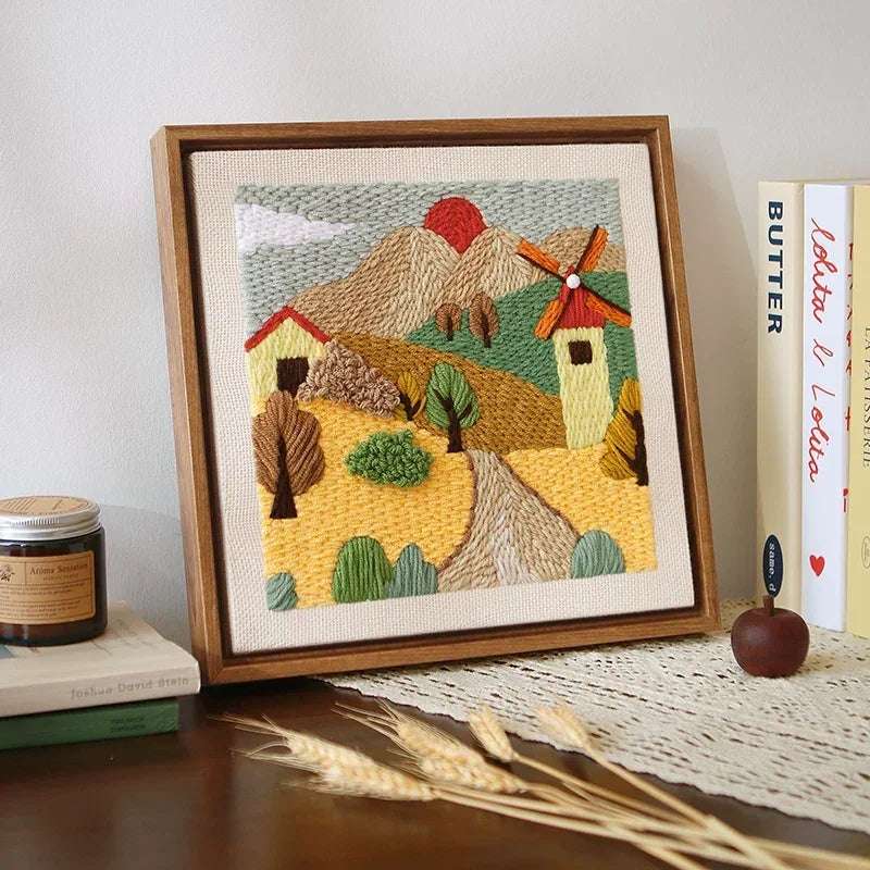 Four Seasons DIY Punch Needle Embroidery Painting Kit landscape scene in a wooden frame