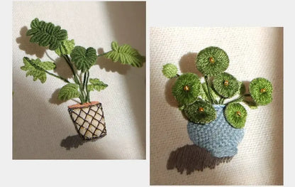Hand-embroidered 3D green plant designs by Calivra Craft in a pot and vase.