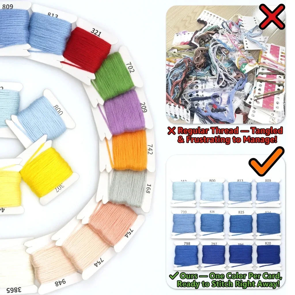 Calivra Craft 12-color gradient 6-strand cotton embroidery floss set organized in color cards.