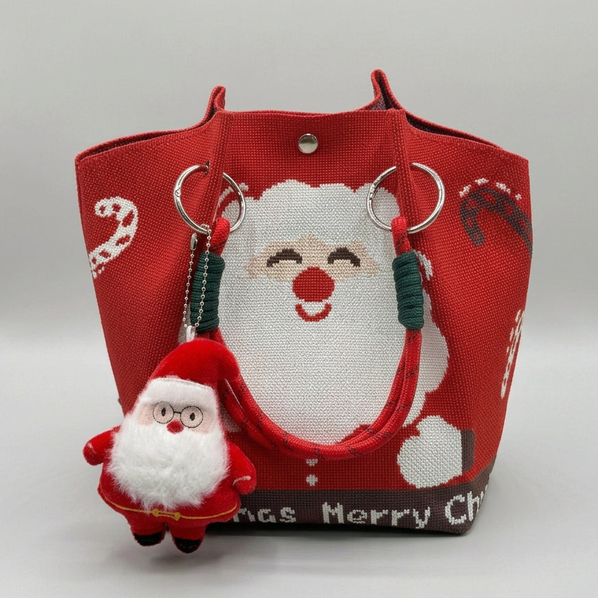 Red Calivra Craft Christmas knitted tote bag with Santa Claus design and plush Santa charm
