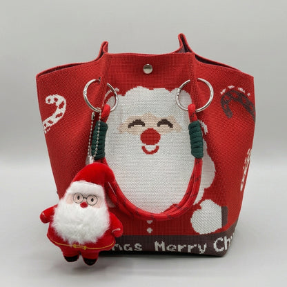 Red Calivra Craft Christmas knitted tote bag with Santa Claus design and plush Santa charm