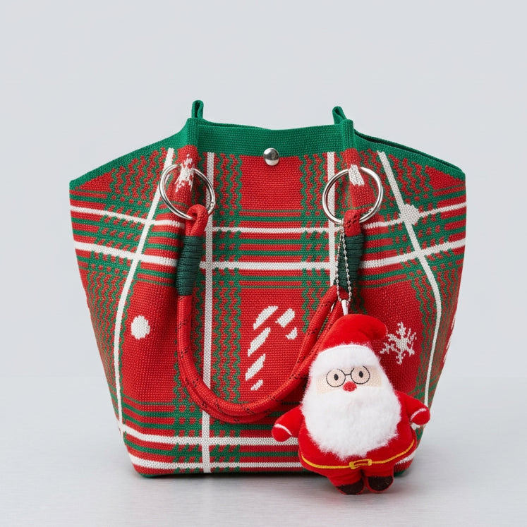 Red and green plaid Christmas tote bag by Calivra Craft with a plush Santa Claus charm