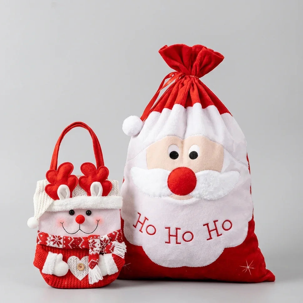 Santa Claus Christmas gift bag and reindeer knitted apple pouch for holiday gifting.