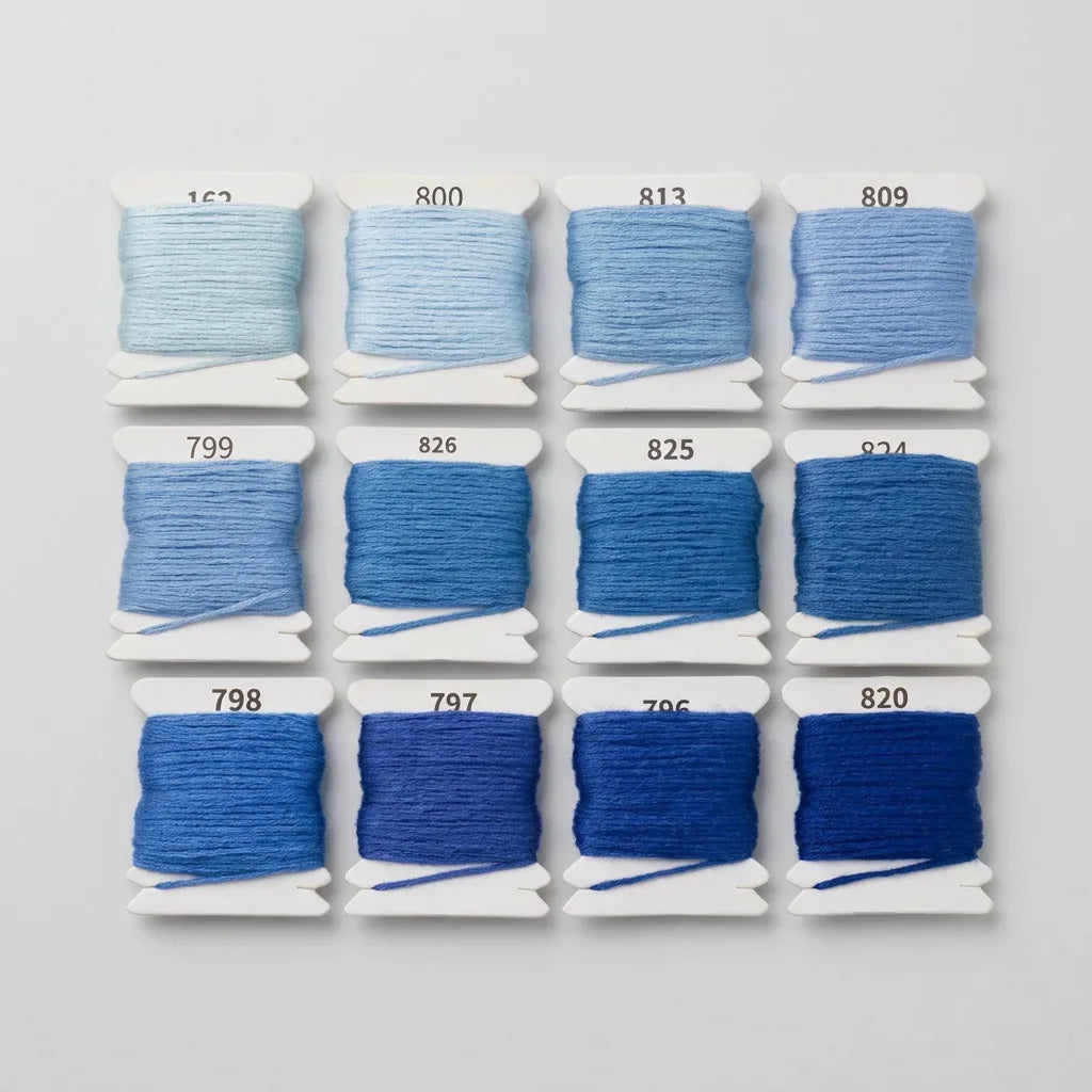 12-color gradient blue cotton embroidery floss set on white spools
