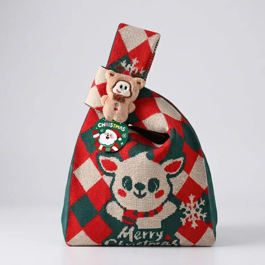 Christmas knitted gift bag with reindeer pattern and plush ornament