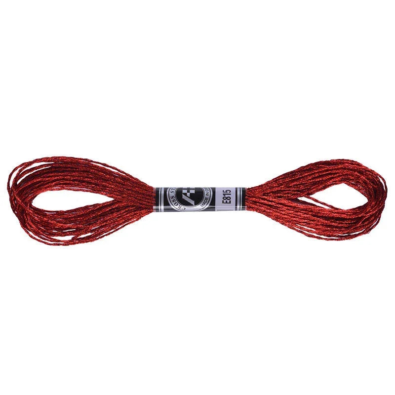 Red metallic embroidery floss skein for sparkling needlework projects.