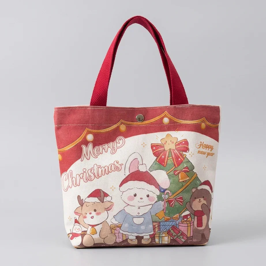 Christmas themed canvas tote bag with cute bunny and reindeer illustrations