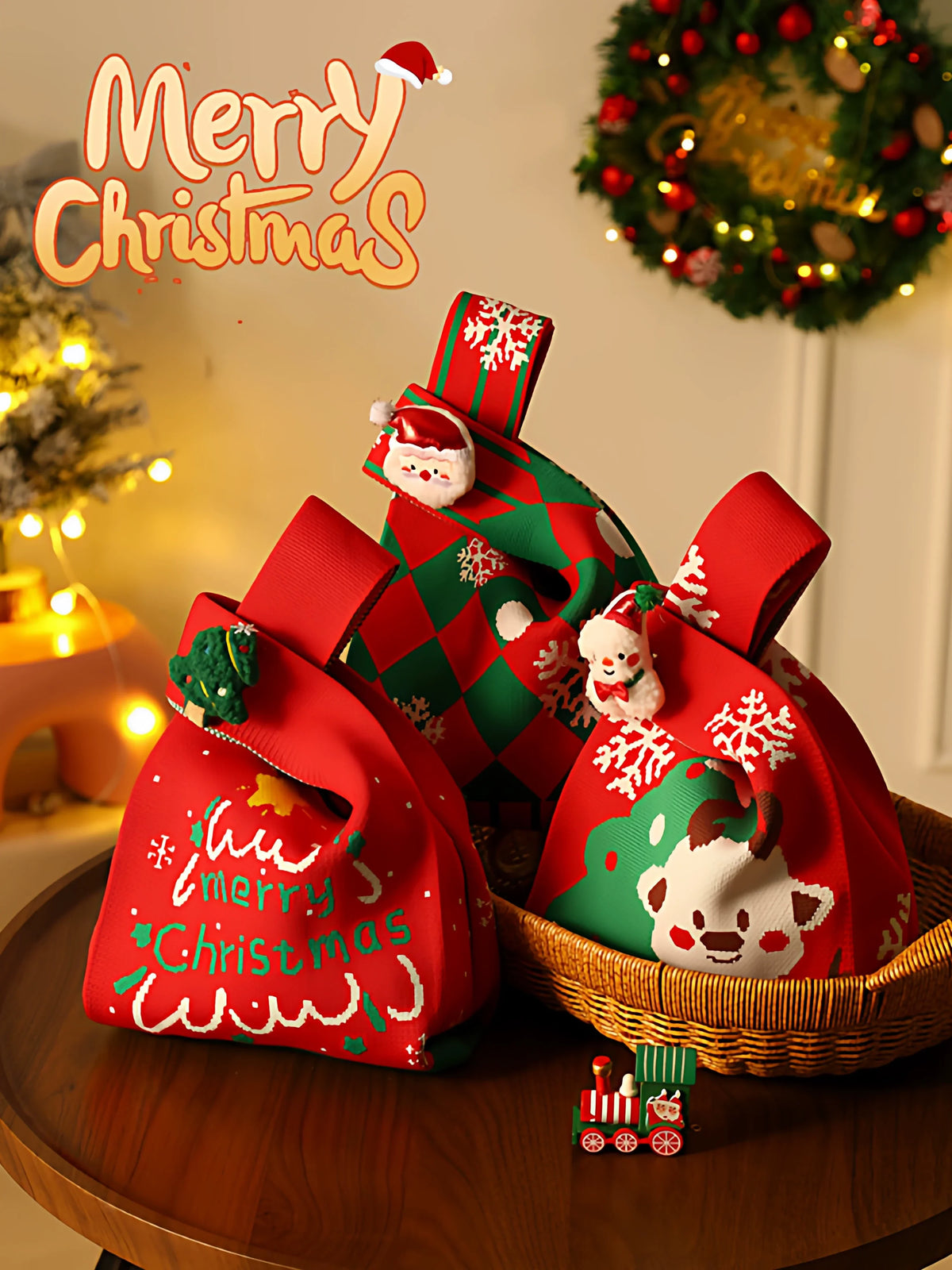 Red and green Christmas knitted gift bags with festive Santa and reindeer patterns.