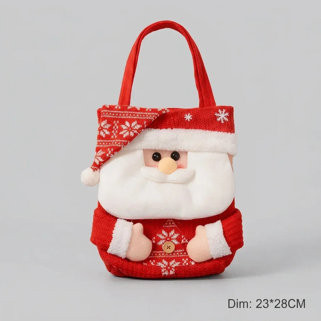 Santa Claus face knitted Christmas gift bag with red handles and white fleece beard.