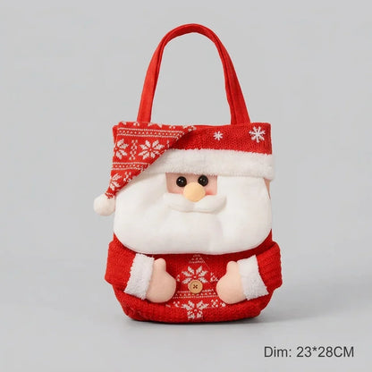 Santa Claus face knitted Christmas gift bag with red handles and white fleece beard.