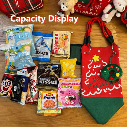 Assorted snacks and a red and green Christmas themed tote bag from Calivra Craft.