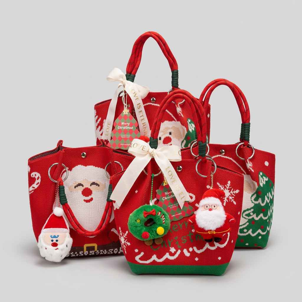 Three Calivra Craft red Christmas tote bags with Santa and tree patterns and festive ornaments.