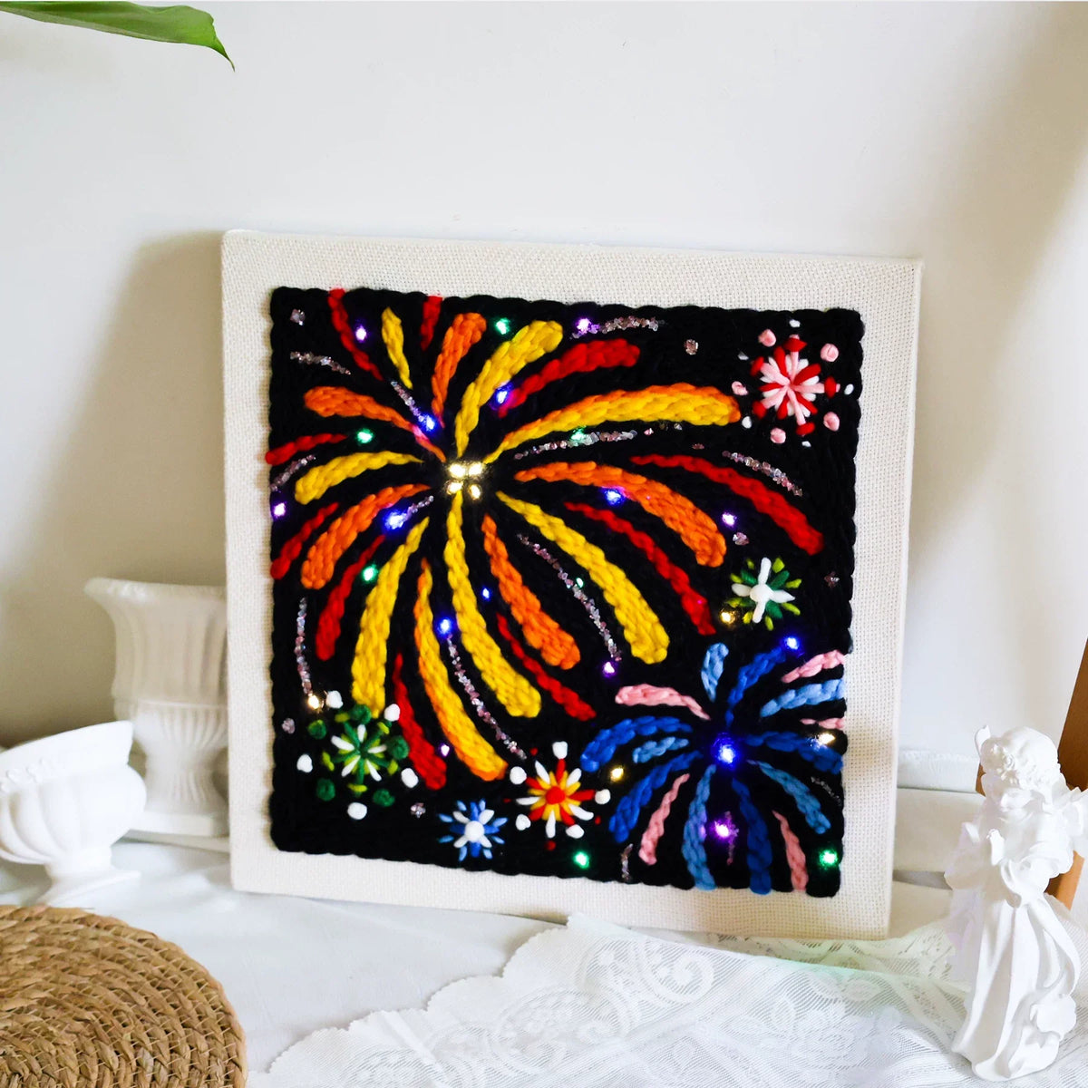 Colorful fireworks punch needle embroidery artwork by Calivra Craft