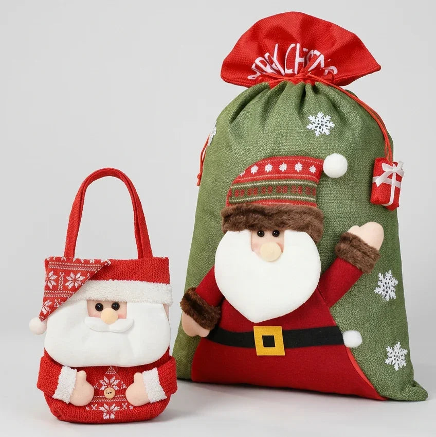Calivra Craft Santa Christmas gift bags in green and red knitted fabric.