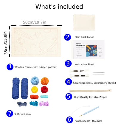 List of items included in a punch needle kit with measurements and descriptions.