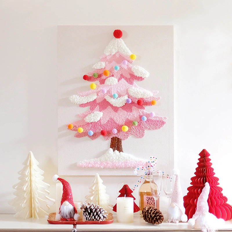 Decorative Christmas tree with colorful pom-poms on a white background