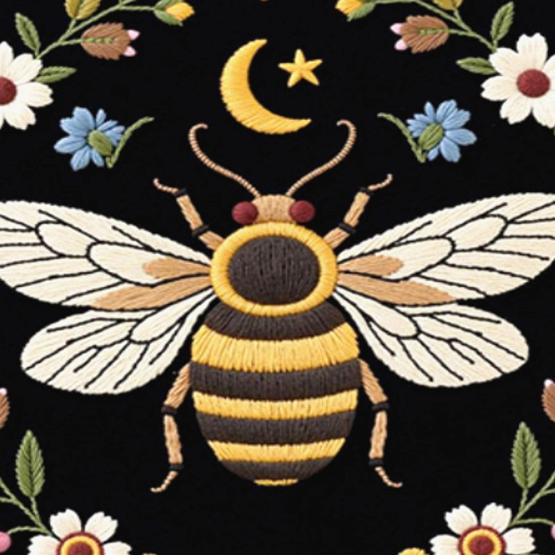 A golden bee rests beneath a crescent moon, surrounded by blooming wildflowers that glow softly against the dark background.