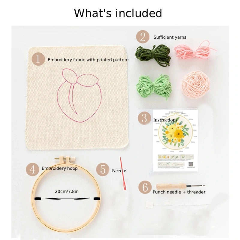 Punch Needlekit with fabric, yarns, hoop, needle, and instructions on a white background