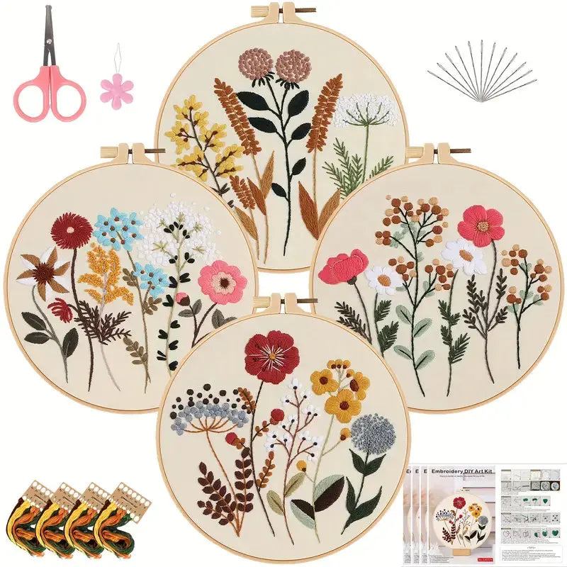 Set of embroidery hoops with floral patterns, scissors, and other supplies on a white background