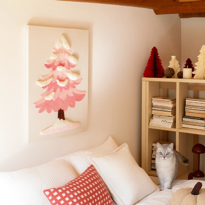 Cat sitting on a bed with decorative Christmas trees and books in the background