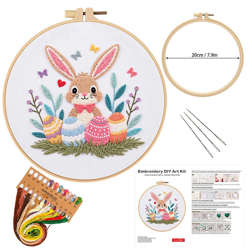 This delightful embroidery kit showcases a playful bunny surrounded by vibrant Easter eggs, blossoming flowers, and soft greenery. The gentle pastel colors and intricate stitching bring a fresh, springtime charm to the design. Perfect for celebrating Easter or adding a touch of whimsy to any space, this kit is a fun and creative way to embrace the season.