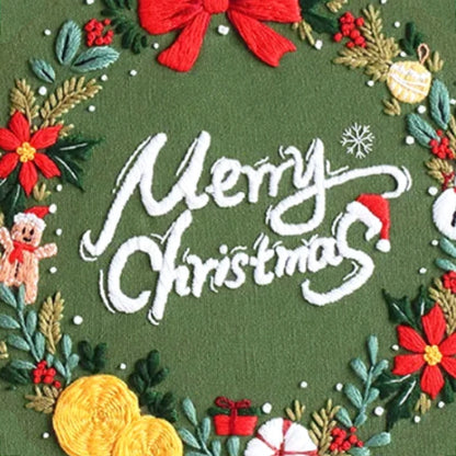 Decorative Christmas wreath with 'Merry Christmas' text on a green background