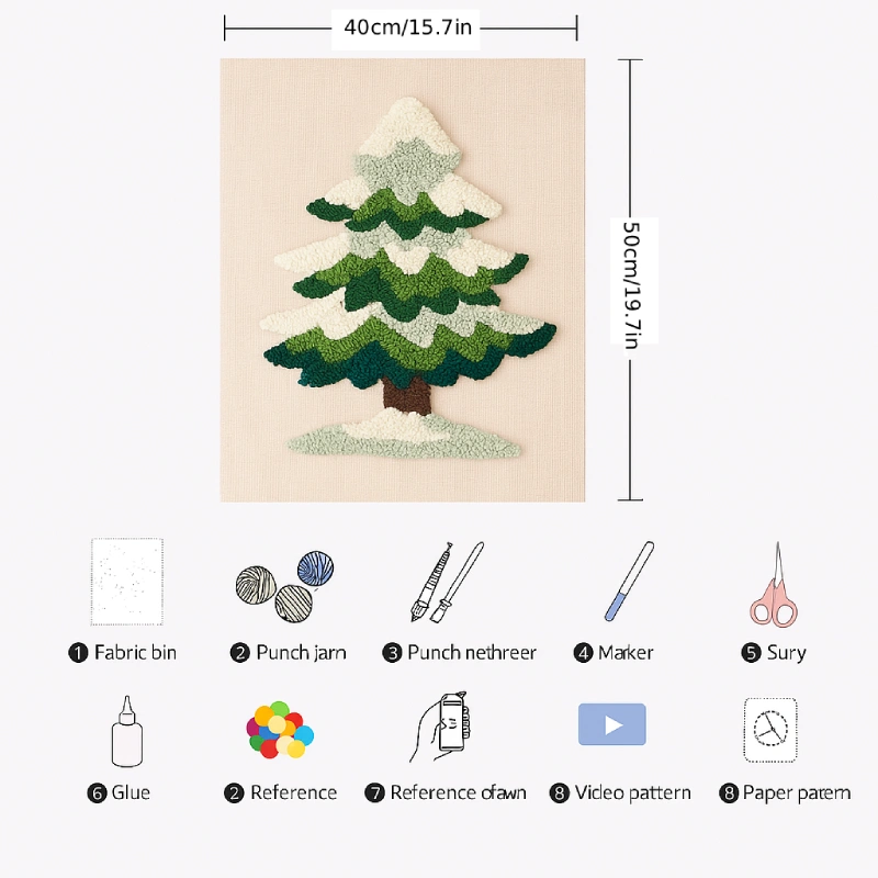 Fabric art of a Christmas tree with dimensions and crafting tools icons below.