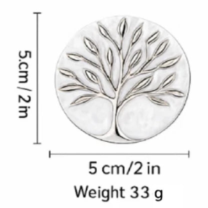 Silver tree-shaped object with measurements and weight displayed