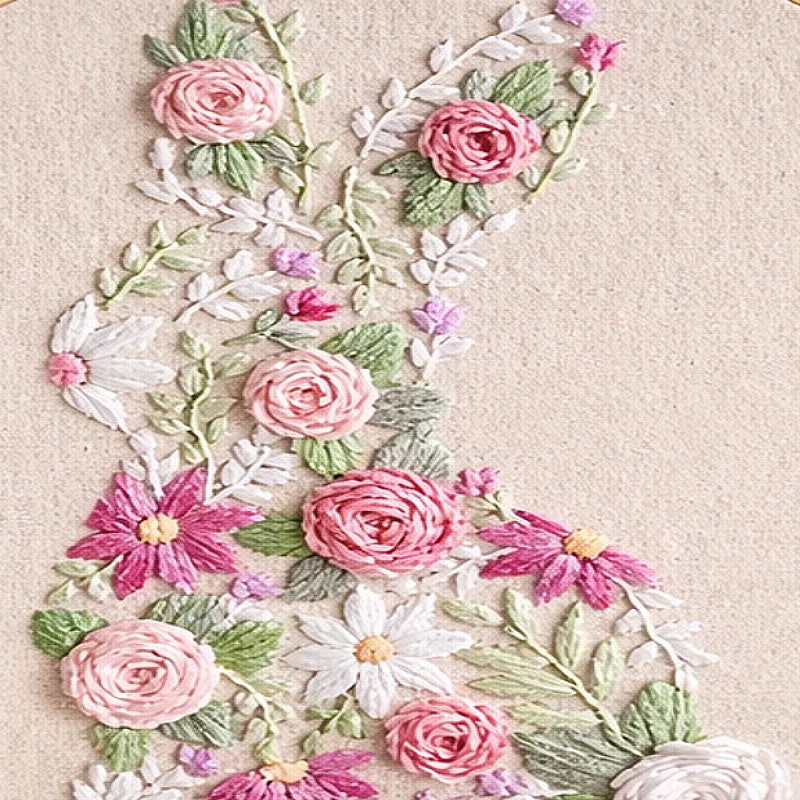 Floral embroidery design on a beige fabric background