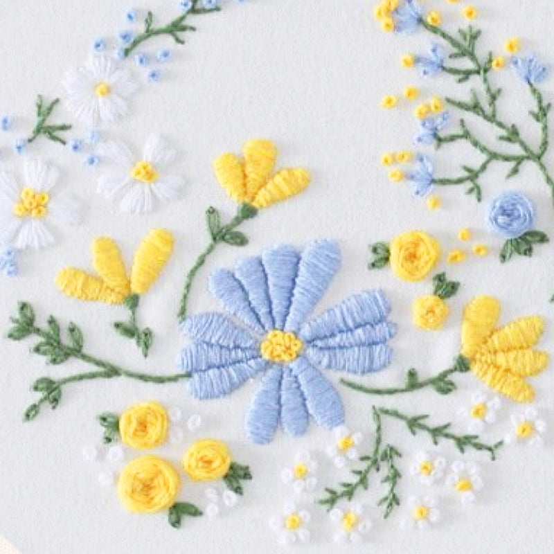 Embroidered design of flowers with blue, yellow, and green colors on a white background.