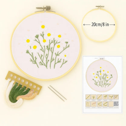 

Illustrated stitch guide sheet with full step-by-step instructions
Complete thread bundle
A square of cotton fabric featuring the pattern
1 Plastic embroidery hoop(20 cm diameter)
2 Embroidery needles