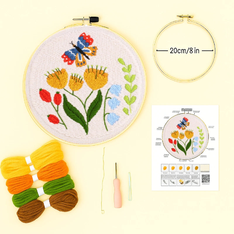 Embroidery hoop with floral design, yarn colors, and instructions on a light yellow background