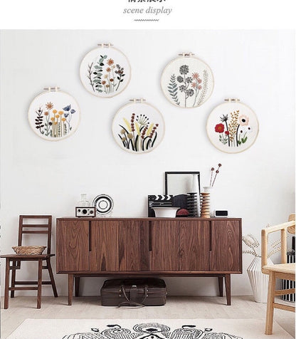 Wooden sideboard with decorative wall art in a room setting