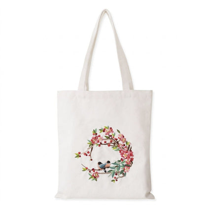 Floral embroidered tote bag with pink blossoms and small birds by Calivra Craft