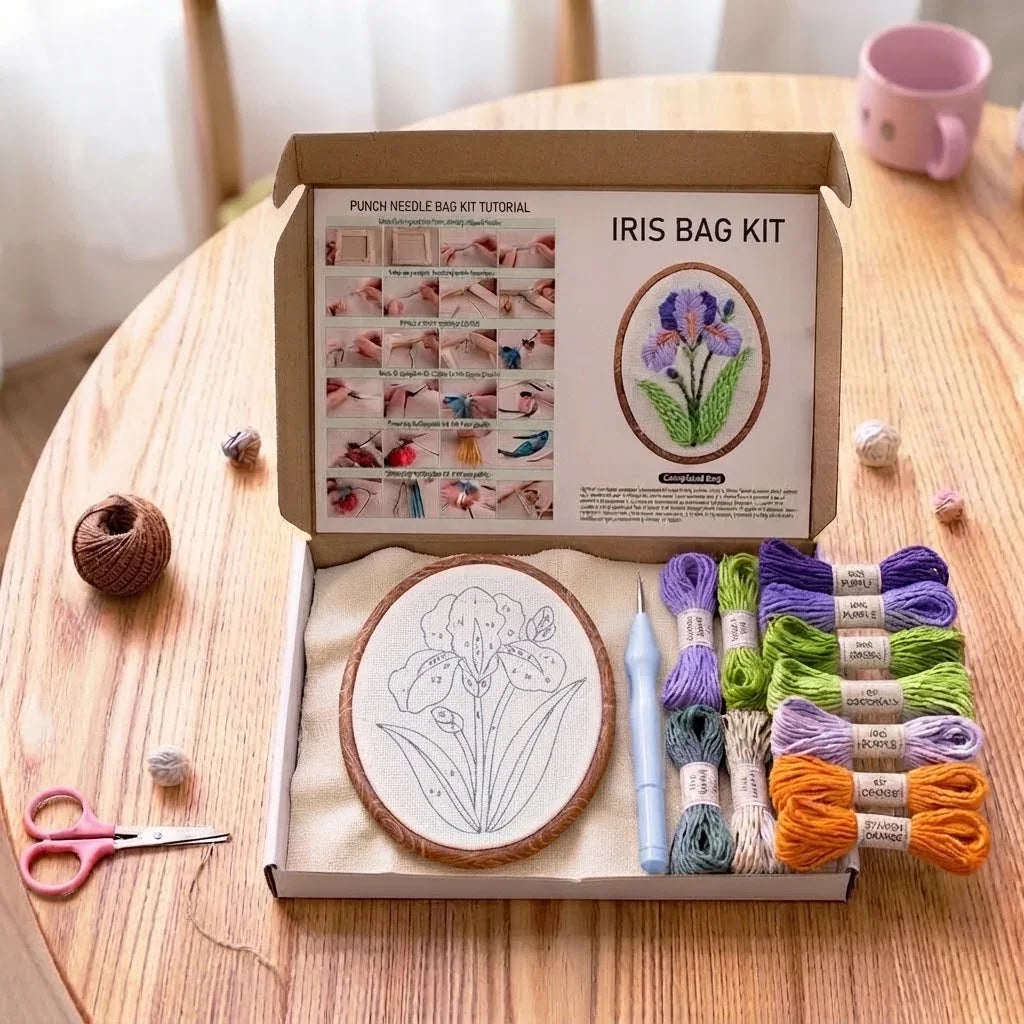 Calivra Craft iris flower punch needle kit for beginners with frame, yarn, and tools.