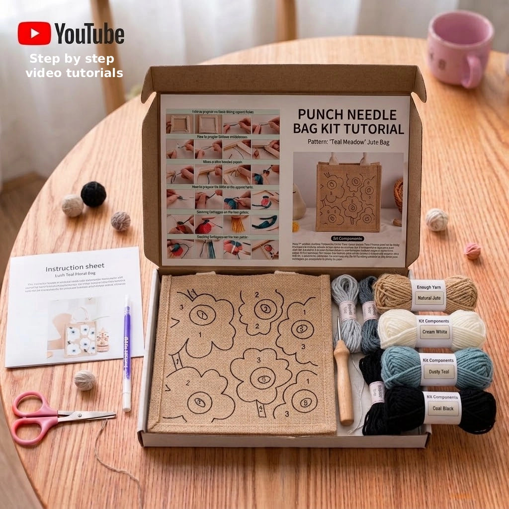 Punch needle bag kit with jute fabric, colorful yarn, and tutorial instructions on a wooden table.