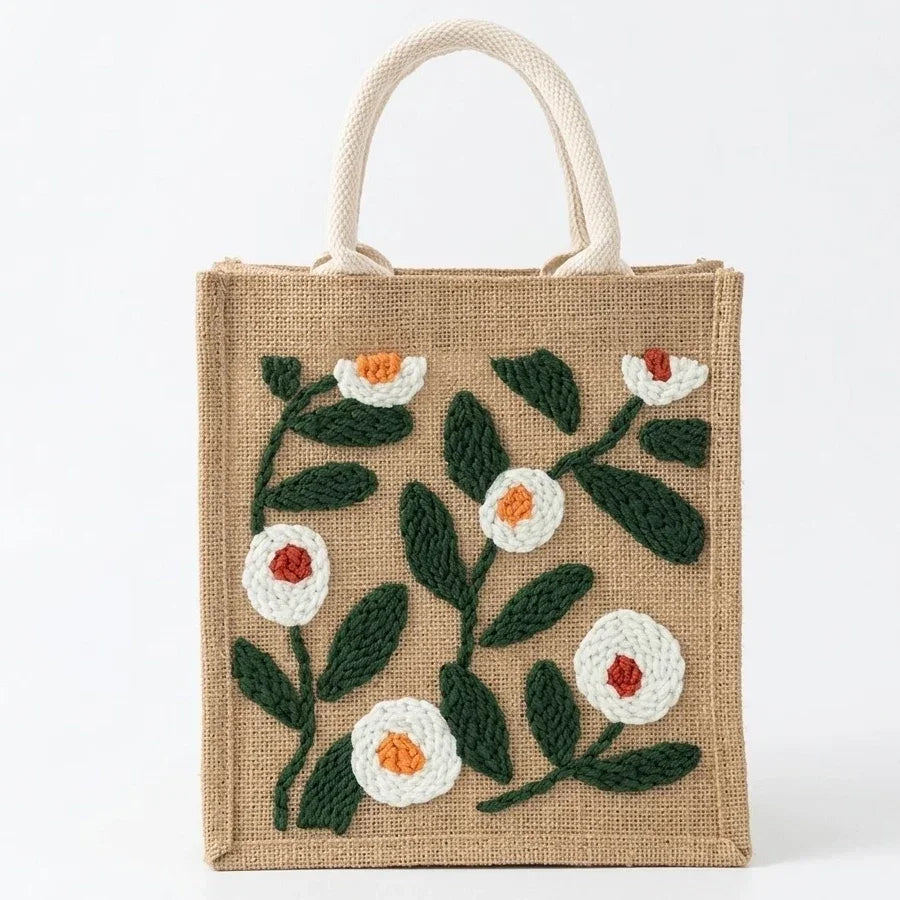Small beige jute tote bag with white and orange floral embroidery